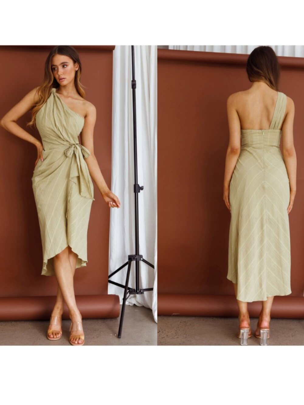 Selfie Leslie One-Shoulder Midi Dress Olive